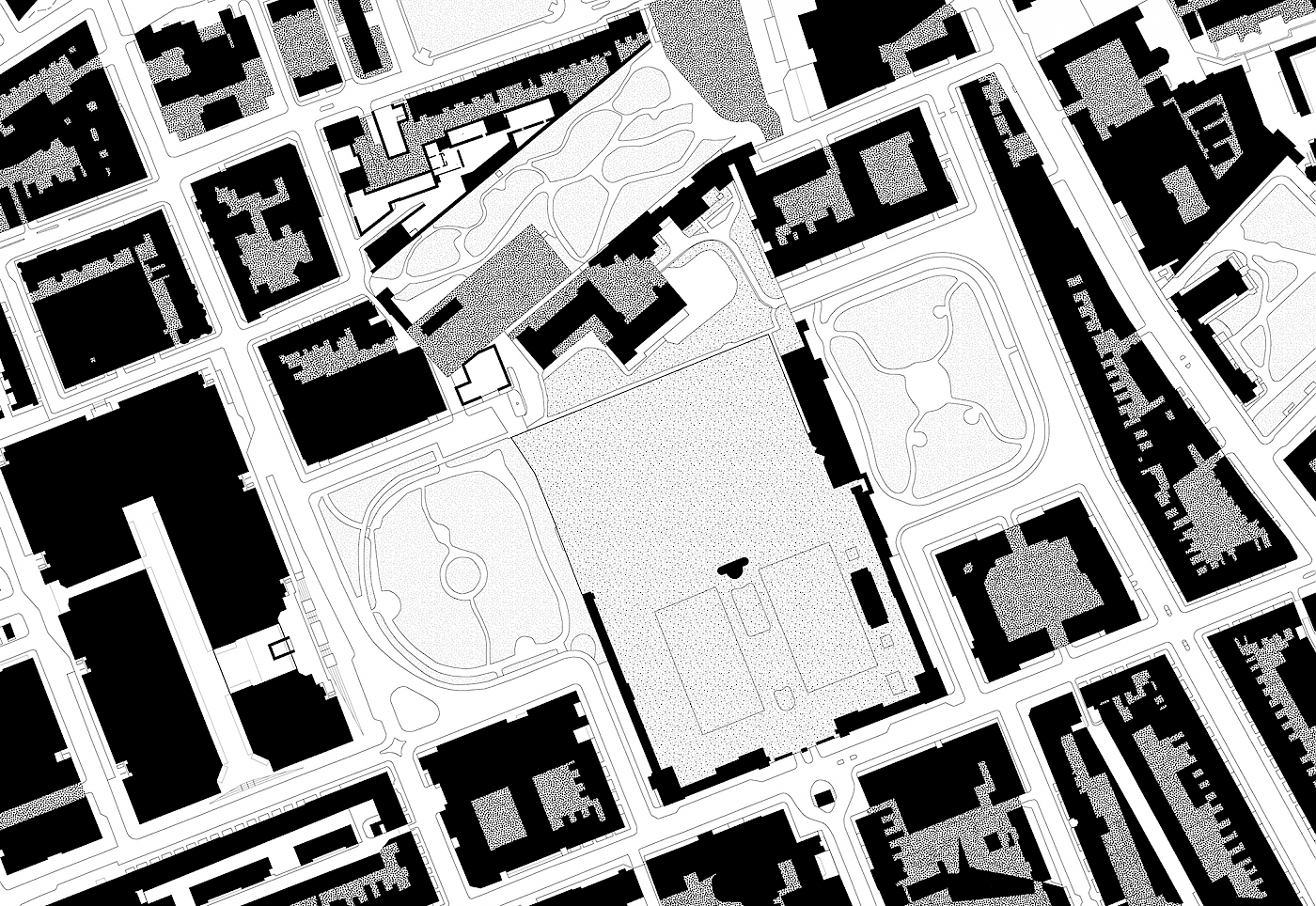 Streets, Squares, Religious, Cultural Space in white, Grass in lightest grey, Coram's Fields in grey, Private Gardens in darkest Grey, Private and Commercial in Black